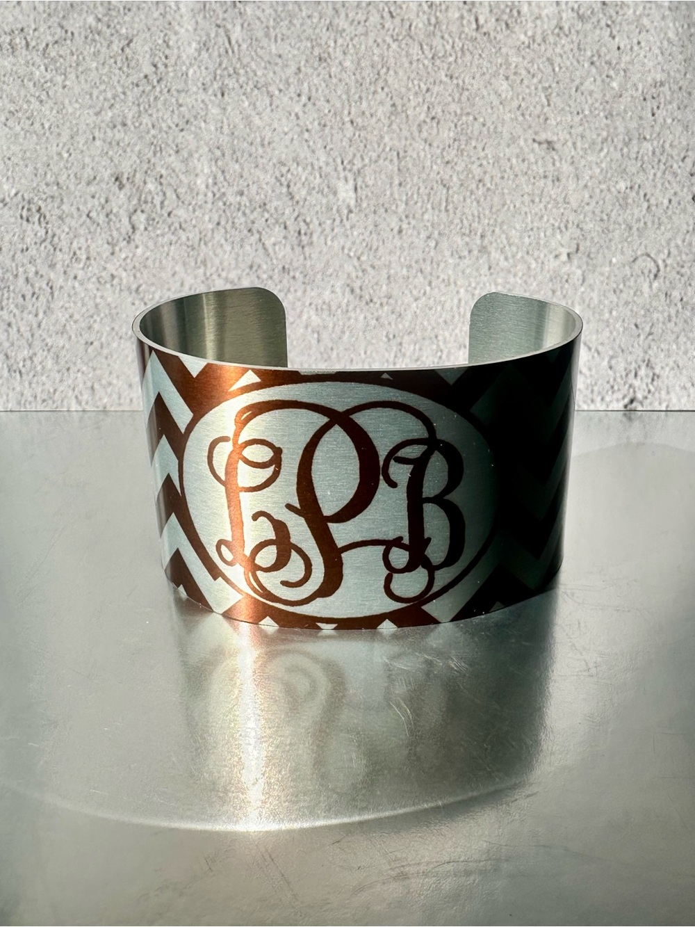 Monogram Chevron Metal Cuff Bracelet in Silver and Black LPB Initials